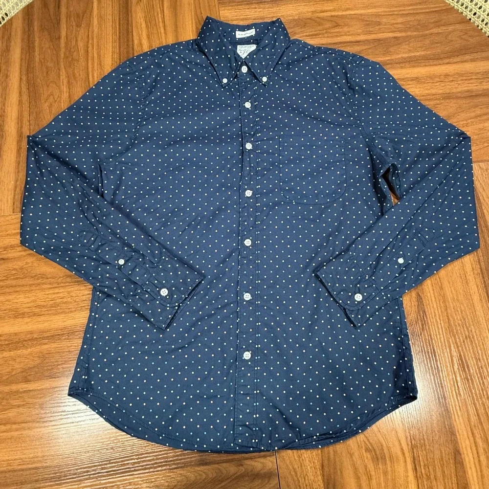 J. Crew Slim Untucked Secret Wash Shirt Navy Blue Polka Dot Organic Cotton Men M